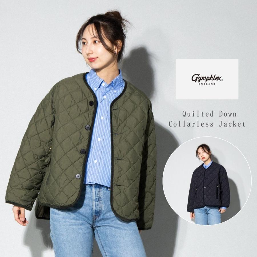 美品 ジムフレックス キルトダウンカラーレスジャケット 防寒 カーキ ノーカラー ジムフレックス GYMPHLEX キルトダウンカラーレスジャケット