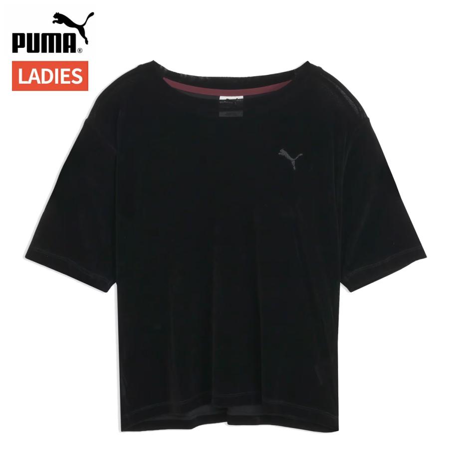 プーマ PUMA ESS エレベーテッド ベロア メッシュ 半袖 Tシャツ レディース 春 夏 ブラック 黒 スポーツ フィットネス 半袖 Tシャツ 638500-01 | PUMA