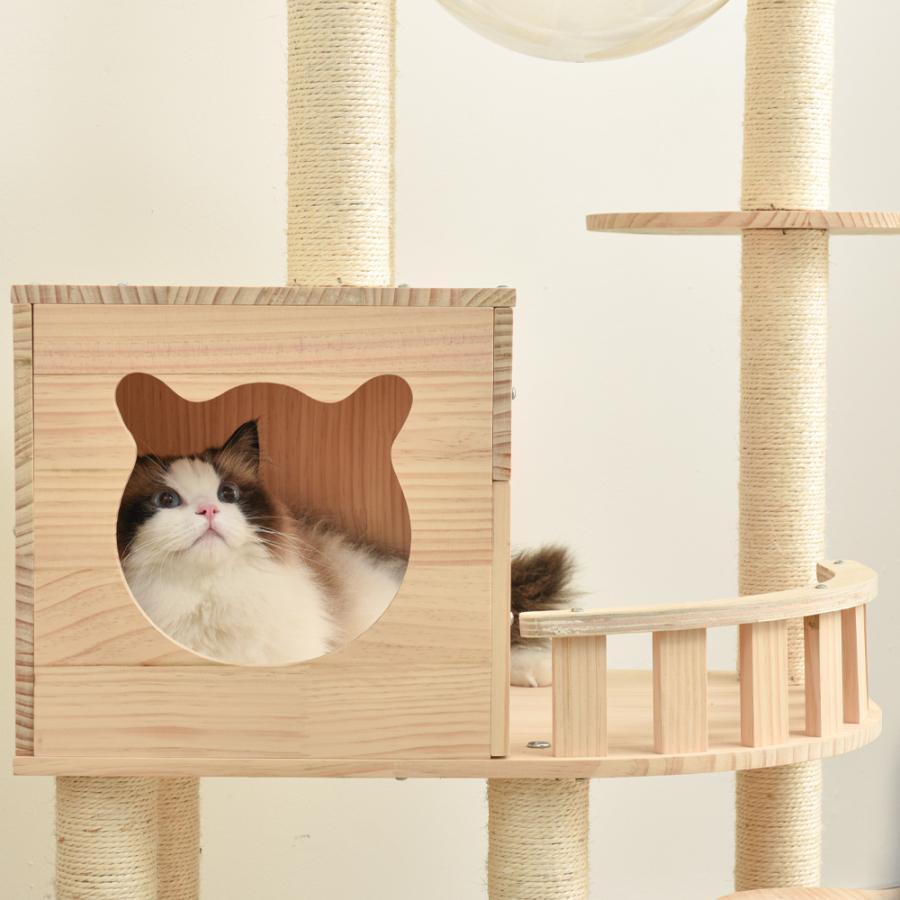 キャットタワー 木製 天然木 据え置き 宇宙船付き 猫タワー 展望台