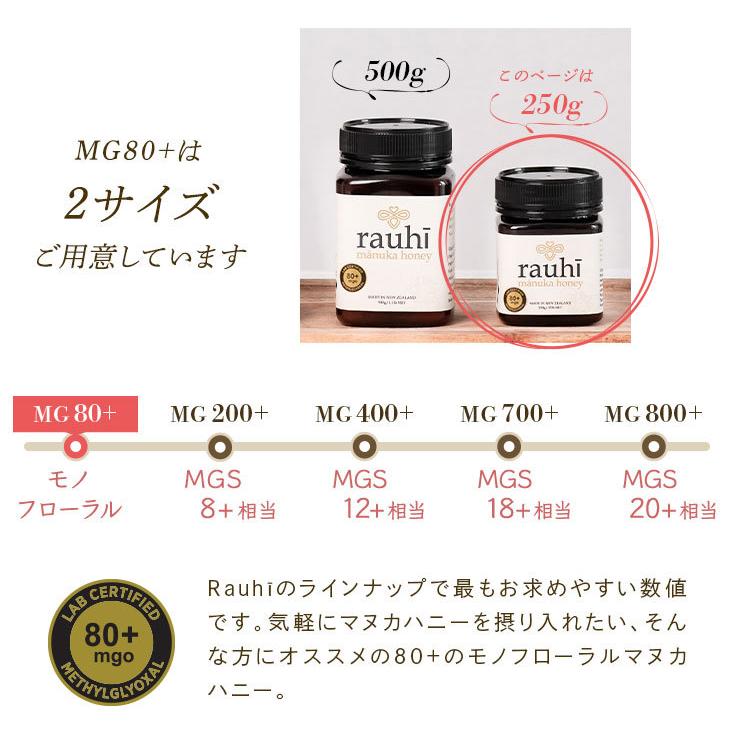 マヌカハニー MG80以上 モノフローラル 250g 【Rauhi(ラウヒ) 】 マリリ 安心のNZ産 生 はちみつ 非加熱 無添加｜maririnz-manukahoney｜04