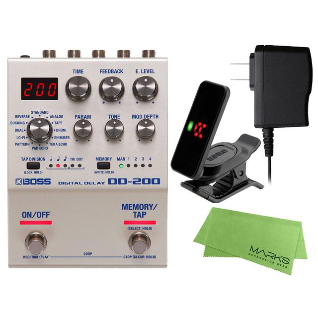 BOSS DD-200 + 純正ACアダプター PSA-100S2 + KORG Pitchclip 2 PC-2 + マークスオリジナルクロス セット　エフェクター／ディレイ
