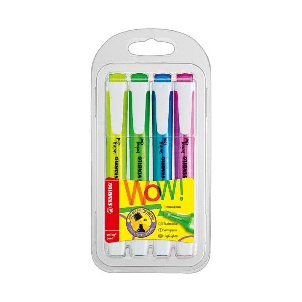 スイングクール 4色セット/STABILO(スタビロ) イエロー ブルー グリーン ピンク 蛍光ペン セット 水性蛍光インク 4mm 1mm PPケース入 ドイツ製 | STABILO