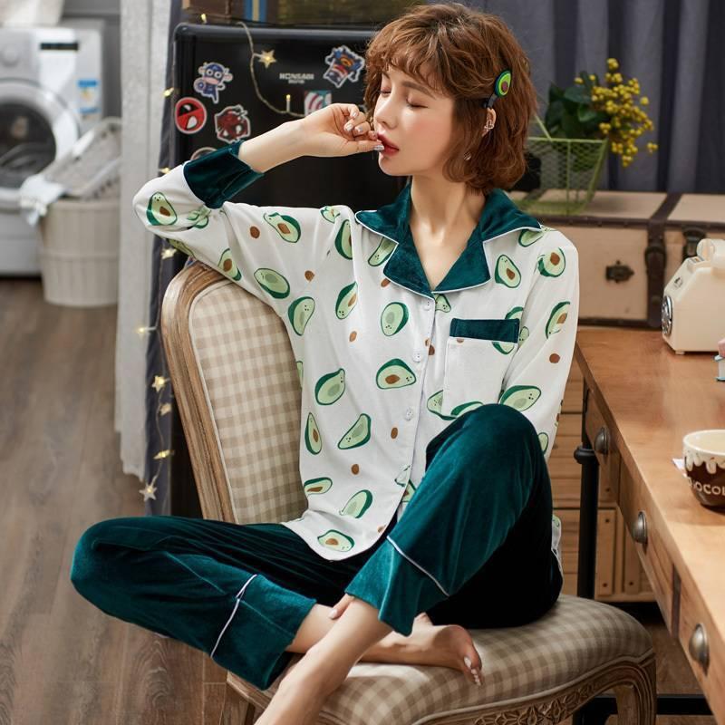 パジャマ レディース ルームウェア 部屋着 寝巻き 上下セット 春 秋 長袖 前開き かわいい おしゃれ 2点セット パンツ 襟付き 緑 ビタミンカラー 柄 アボカド Db0498 Marmelo Sunnyday 通販 Yahoo ショッピング