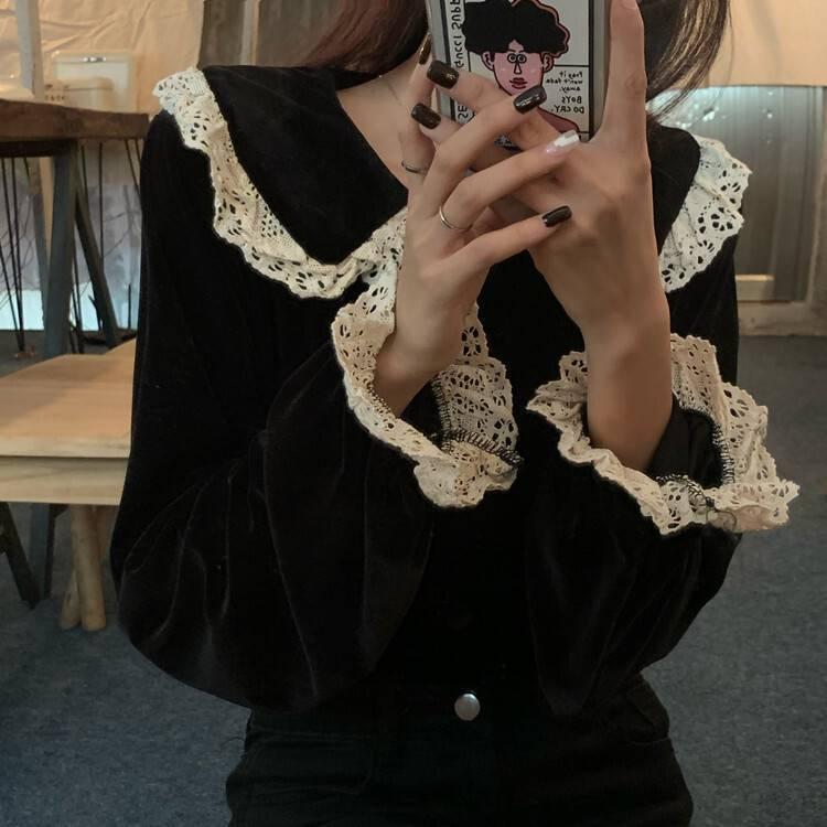 トップス レディース シャツ ブラウス 黒 レース 長袖 韓国 春 秋 冬 10代 代 30代 おしゃれ かわいい シャツ ブラウス コーデ 黒ブラ Db0611 Marmelo Sunnyday 通販 Yahoo ショッピング