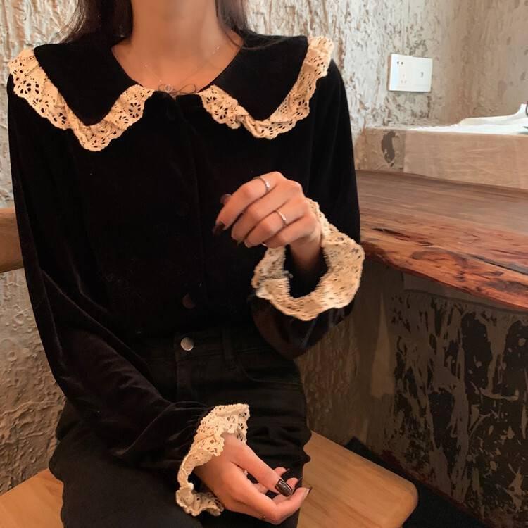 トップス レディース シャツ ブラウス 黒 レース 長袖 韓国 春 秋 冬 10代 代 30代 おしゃれ かわいい シャツ ブラウス コーデ 黒ブラ Db0611 Marmelo Sunnyday 通販 Yahoo ショッピング