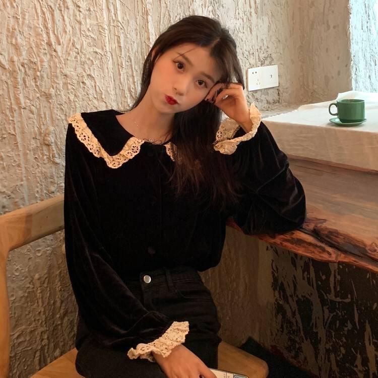 トップス レディース シャツ ブラウス 黒 レース 長袖 韓国 春 秋 冬 10代 代 30代 おしゃれ かわいい シャツ ブラウス コーデ 黒ブラ Db0611 Marmelo Sunnyday 通販 Yahoo ショッピング