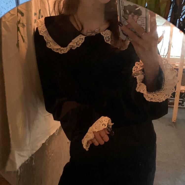 トップス レディース シャツ ブラウス 黒 レース 長袖 韓国 春 秋 冬 10代 代 30代 おしゃれ かわいい シャツ ブラウス コーデ 黒ブラ Db0611 Marmelo Sunnyday 通販 Yahoo ショッピング