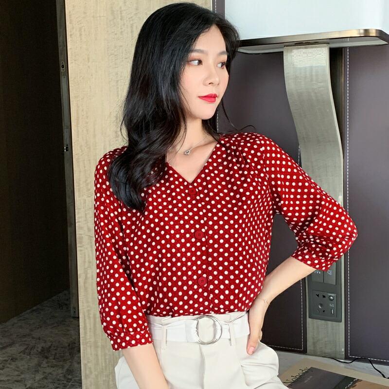 トップス レディース シャツ ブラウス シフォンシャツ かわいい ドット柄 Vネック 七分袖 ポルカドット 水玉 レトロ シンプル 大人 オフィス コーデ ガーリー 可 Db0743 Marmelo Sunnyday 通販 Yahoo ショッピング