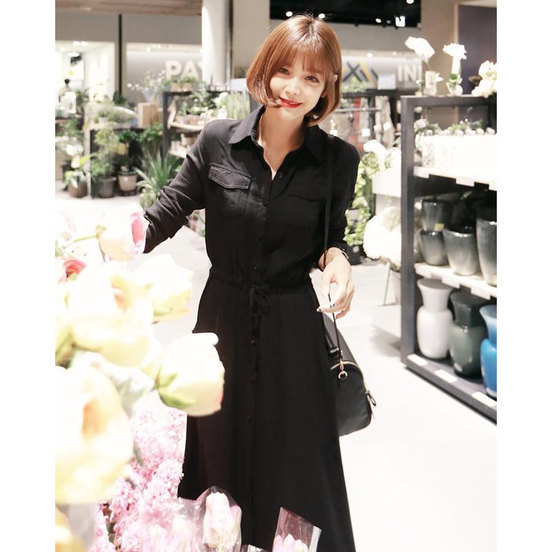 ロングワンピース シャツワンピース ワンピース レディース ロング 黒 無地 きれいめ かっこいい 大人 シンプル おしゃれ シャツ ハイウエスト Aライン 長袖 襟 Db1009 Marmelo Sunnyday 通販 Yahoo ショッピング