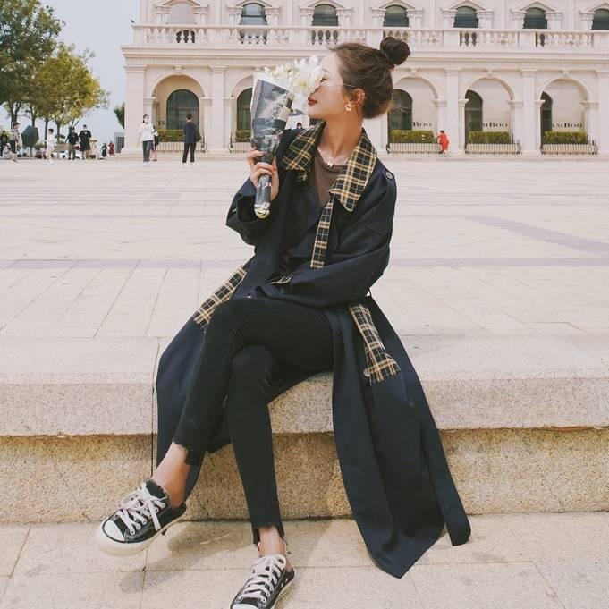 アウター レディース コート ロング トレンチコート ミモレ丈 切り替え バイカラー ネイビー チェック柄 大人カジュアル 長袖 トラッド ウインドブレーカー 無地 Db1095 Marmelo Sunnyday 通販 Yahoo ショッピング