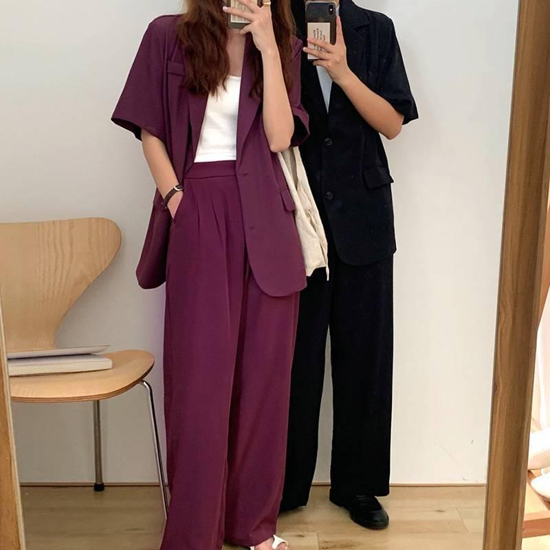 2色 セットアップ レディース ジャケット パンツ 2点セット こなれ感 おしゃれ シンプル 紫 黒 無地 半袖 大人カジュアル スーツ ロング丈 ワイドパンツ Db1164 Marmelo Sunnyday 通販 Yahoo ショッピング