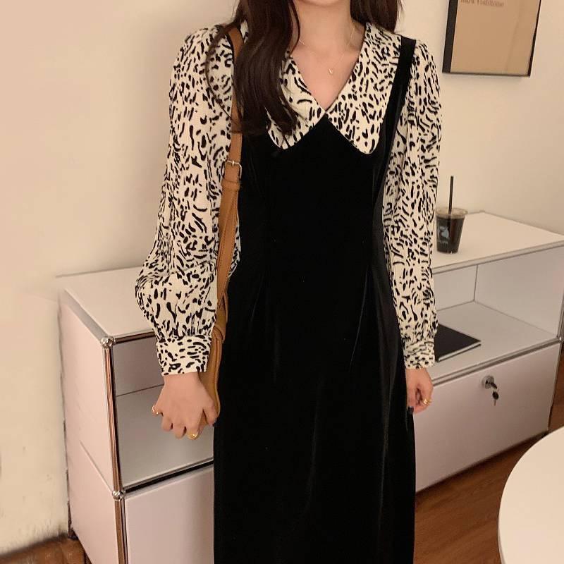 ワンピース ロング 重ね着風 ヒョウ柄風 ドッキングワンピース ロングワンピース 黒 無地 長袖 大人かわいい おしゃれ Vネック 襟付き レトロ ガーリー 柄 Db1279 Marmelo Sunnyday 通販 Yahoo ショッピング