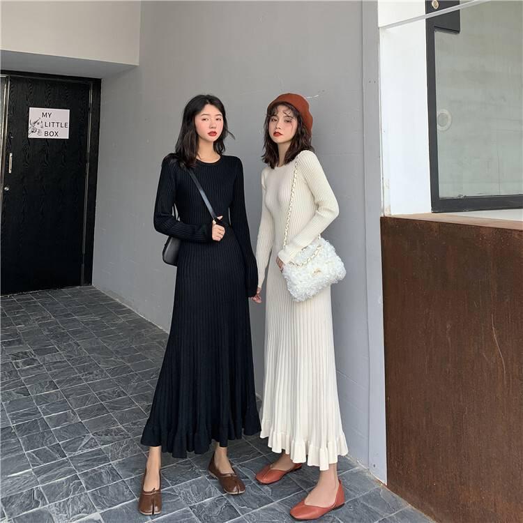 ワンピース ニット ロング レディース 秋 冬 大人かわいい ワンピース リブニット フリル 双子 お揃い コーデ 黒 無地 アプリコット 韓国 ファッション Db1327 Marmelo Sunnyday 通販 Yahoo ショッピング