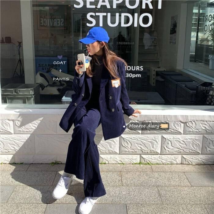 2色 セットアップ レディース ジャケット パンツ コーデュロイ 上下セット スーツ かっこいい こなれ感 おしゃれ 長袖 上着 無地 ネイビー アプリコット Db1341 Marmelo Sunnyday 通販 Yahoo ショッピング