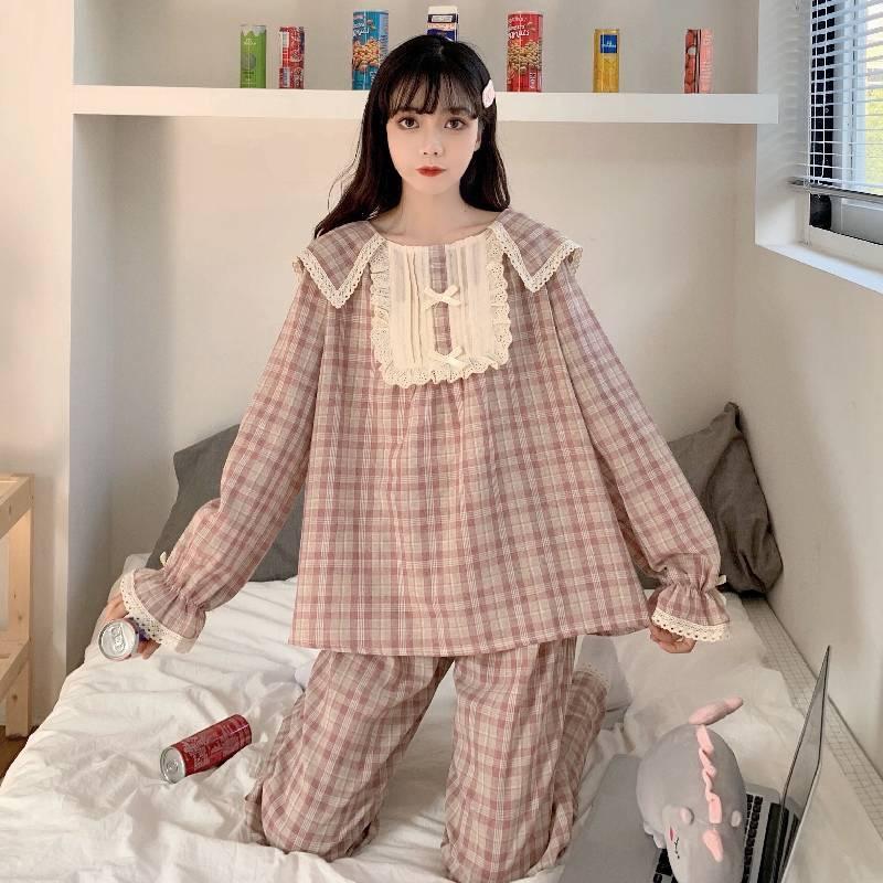 パジャマ レディース ルームウェア 上下セット 長袖 チェック柄 レース フリル かわいい おしゃれ レトロ ガーリー 寝巻き 部屋着 ホームウェア ピンク グリーン Db1351 Marmelo Sunnyday 通販 Yahoo ショッピング