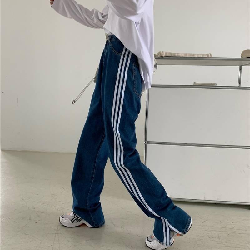 デニム パンツ レディース ジーンズ ジーパン ジャージ風 おしゃれ カジュアル ユニーク ワイドパンツ ストレートパンツ ライン ボトムス ズボン ハイウエスト Db1410 Marmelo Sunnyday 通販 Yahoo ショッピング