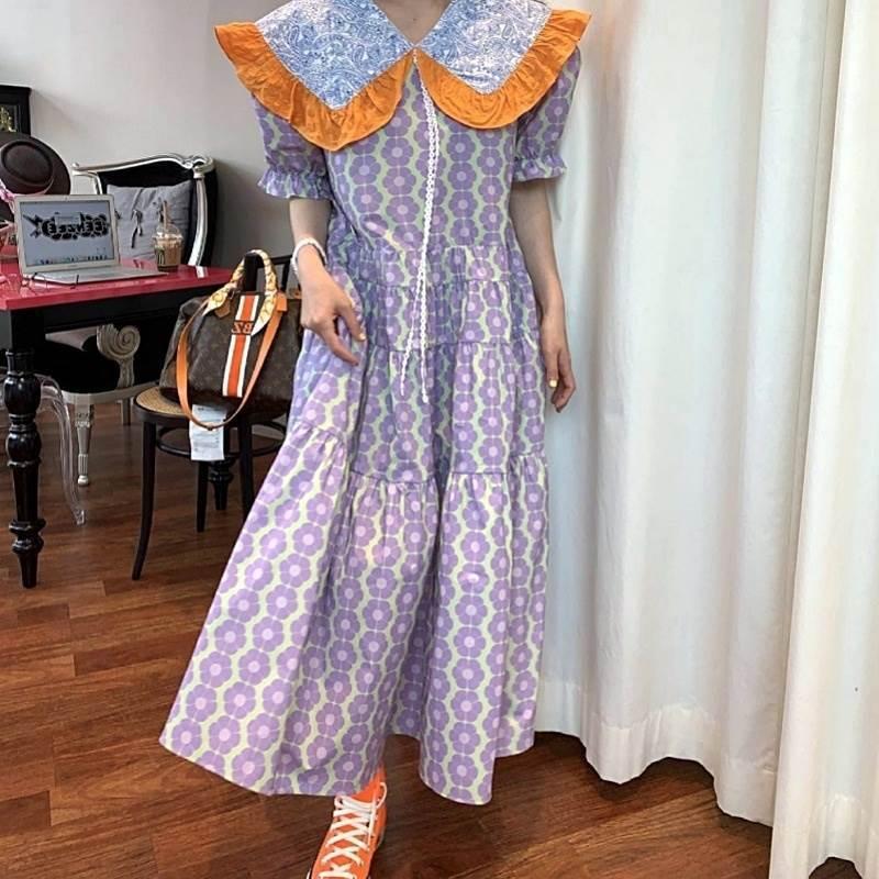 ワンピース レディース ロングワンピ ロングスカート ミモレ丈 フレアワンピース ティアード フリル レトロモダン おしゃれ パフスリーブ 半袖 個性的 存在感 Db1662 Marmelo Sunnyday 通販 Yahoo ショッピング