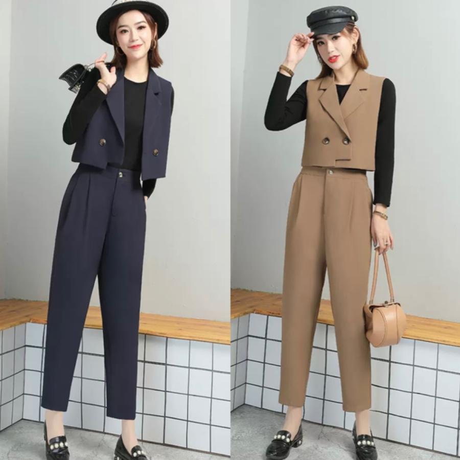 セットアップ レディース 3点セット パンツ ベスト ロンt かっこいい おしゃれ クール お得 春 秋 カーキ ネイビー 無地 バイカラー ショート丈 タックパンツ Db1863 Marmelo Sunnyday 通販 Yahoo ショッピング