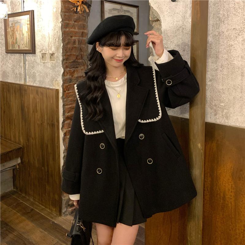 アウター コート ジャケット ショートコート レディース 黒 ビッグカラー 制服風 大人可愛い 個性的 ショート丈 秋 冬 ブラック 無地 モノトーン 長袖 ボタン Db85 Marmelo Sunnyday 通販 Yahoo ショッピング