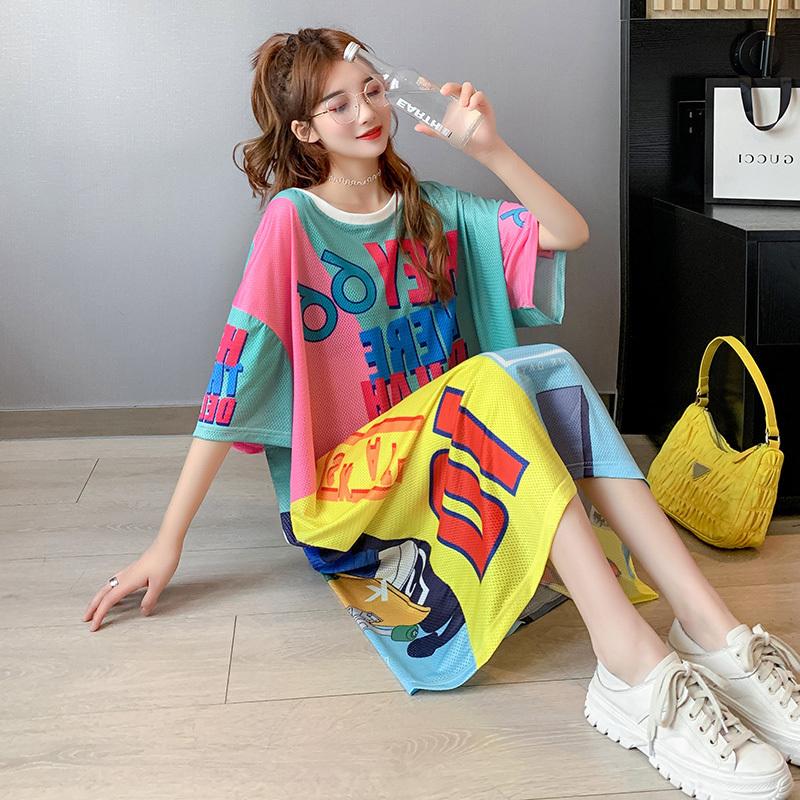 2色 ワンピース レディース Tシャツワンピ ロング ラウンドネック 半袖 アメリカン コミック風 ミドル丈 おしゃれ 派手 柄 ワンピ 個性的 大きいサイズ 白 緑 Db2129 Marmelo Sunnyday 通販 Yahoo ショッピング