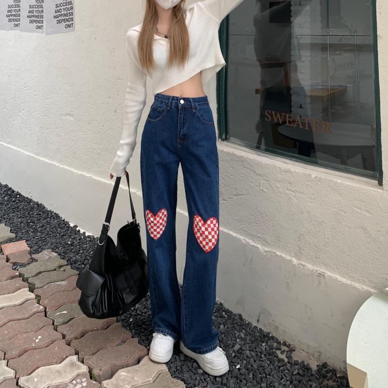 ジーンズ デニム パンツ レディース ハート柄 チェック柄 個性的 可愛い ズボン ロング丈 春 秋 ダークブルー 青 無地 ハート 大きいサイズ ハイウエスト Db2178 Marmelo Sunnyday 通販 Yahoo ショッピング