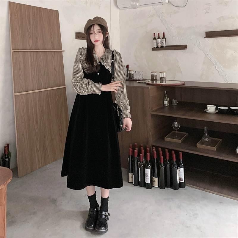 ワンピース レディース フェイク ツーピース ロング丈 Aライン 長袖 大人可愛い かっこいい 襟付き 黒 ブラック 無地 チェック フリル ボタン セレブ感 きれいめ Db2272 Marmelo Sunnyday 通販 Yahoo ショッピング