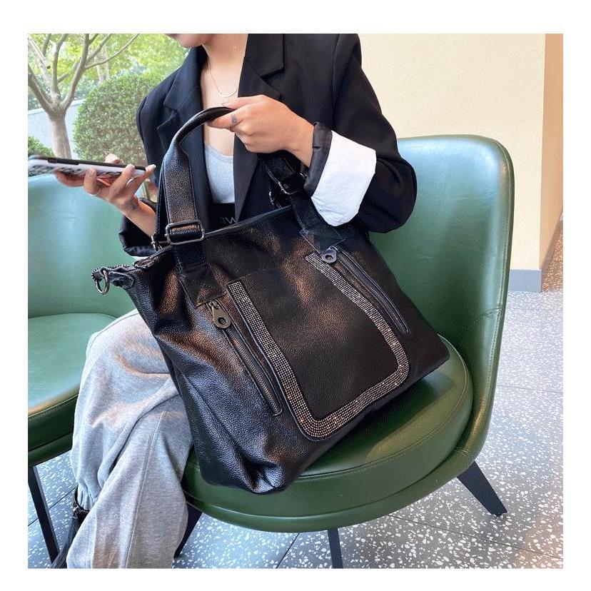 超歓迎 レザー Pu バック ビジネス メンズ レディース 黒 ショルダーバッグ トートバッグ 革 ラインストーン コーデ ブラック 高見え 鞄 カバン 斜めがけ 手提げ ショルダーバッグ