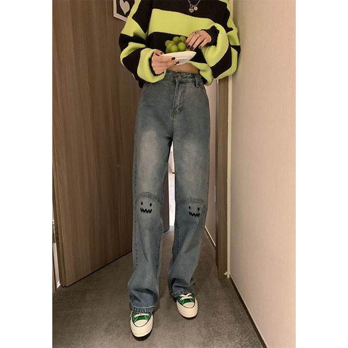 ジーパン ジーンズ デニム カッコイイ キュート ワイドパンツ スマイル ニコちゃん キャラクター パンツ ロング ロング丈 カジュアル ボトム シンプル 春 夏 秋 お1人様1点限り