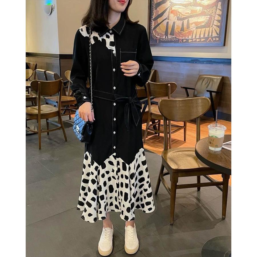 シャツ ワンピース レディース ロング丈 ミモレ 水玉 ドット 牛柄 ウシ 長袖 切り替え 個性的 ワンピ ドレス カジュアル 襟付き 切替 大人可愛い かっこいい 黒 Db2847 Marmelo Sunnyday 通販 Yahoo ショッピング
