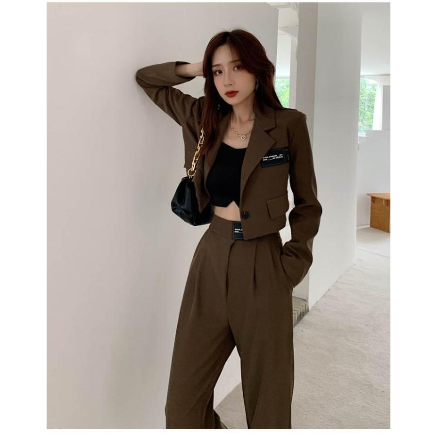 2色 セットアップ ジャケット ショート丈 パンツ スーツ ロック 黒 茶色 個性的 裾タックパンツ ハイウエスト ブラック カーキ レディース スーツ 長袖 独特の上品