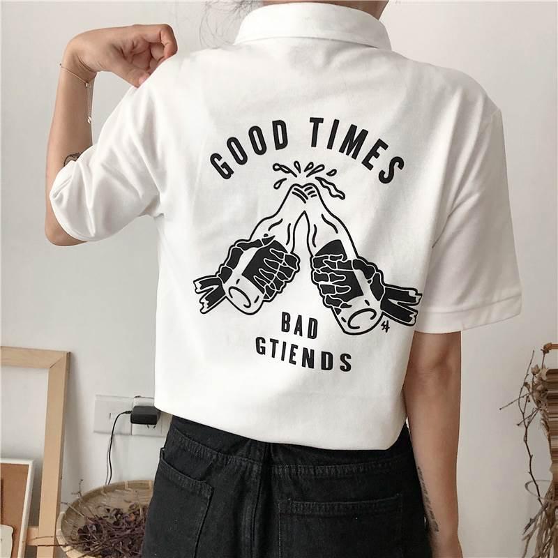 福袋セール ポロシャツ 海外 トレンド アイテム 続々入荷 2色 ポロシャツ ポロt 半袖 レディース 白 トップス 春 夏 ホワイト ブラック プリント ロゴ バックプリント イラスト モノトーン かわいい 大人可愛い シンプル Ism Com Ge