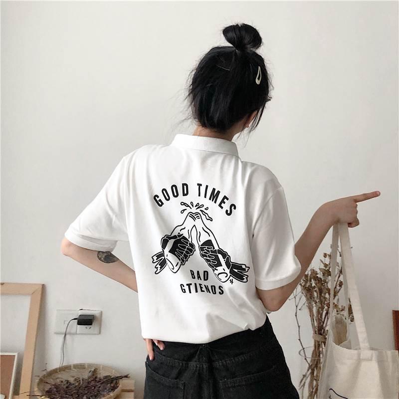 福袋セール ポロシャツ 海外 トレンド アイテム 続々入荷 2色 ポロシャツ ポロt 半袖 レディース 白 トップス 春 夏 ホワイト ブラック プリント ロゴ バックプリント イラスト モノトーン かわいい 大人可愛い シンプル Ism Com Ge