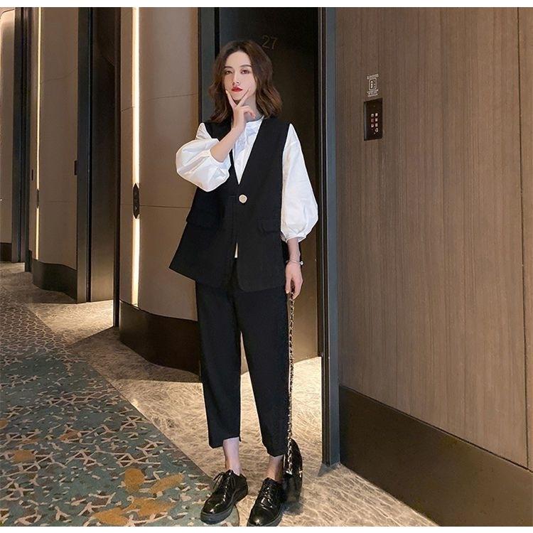 セットアップ スーツ フォーマル シャツ ベスト パフスリーブ バンドカラー 七分袖 アンクル丈 パンツ スーツ 春 秋 かっこいい 長袖 レディース 黒 白 襟付き Db3222 Marmelo Sunnyday 通販 Yahoo ショッピング