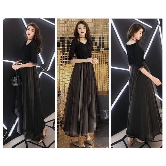即納あり パーティードレス ロング ドレス 演奏会 結婚式 お呼ばれ 二次会 袖あり Vネック チュール 透け感 黒 フォーマル 異素材 ゴージャス 代 30代 秋 冬 No1817 Marmelo Sunnyday 通販 Yahoo ショッピング