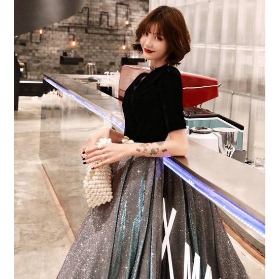 パーティードレス ミモレ丈 演奏会 結婚式 二次会 お呼ばれ ドレス ブラックドレス Vネック 袖あり キラキラ Aライン エレガント 個性的 大人可愛い 黒 No1840 Marmelo Sunnyday 通販 Yahoo ショッピング
