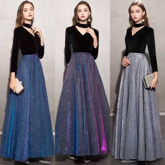 パーティードレス ロング ドレス 演奏会 結婚式 お呼ばれ 二次会 ロング 長袖 秋 冬 黒 バイカラー ラメ 光沢 フォーマル きれいめ 個性的 代 No12 Marmelo Sunnyday 通販 Yahoo ショッピング