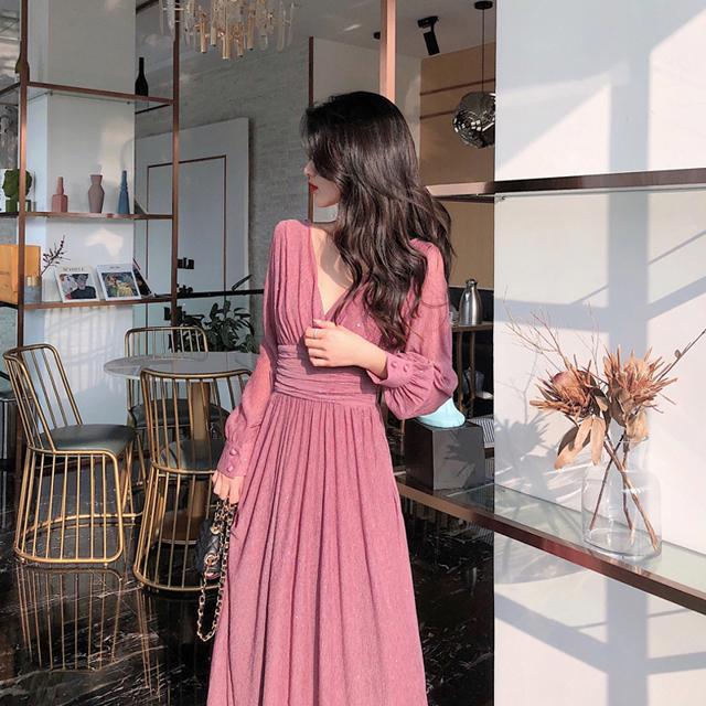 3色 ワンピース ドレス レディース パーティードレス ロング 黒 袖あり おしゃれ 大人可愛い ブラックドレス マキシ丈 Vネック プリーツ ハイウエスト 長袖 ラメ No18 Marmelo Sunnyday 通販 Yahoo ショッピング