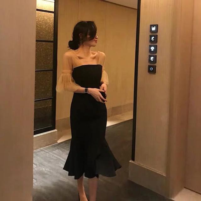 パーティードレス ワンピース ドレス レディース 膝丈 ミモレ丈 袖あり フィッシュテール 黒 マーメイドライン おしゃれ かわいい バイカラー 大きいサイズ Xl No1900 Marmelo Sunnyday 通販 Yahoo ショッピング