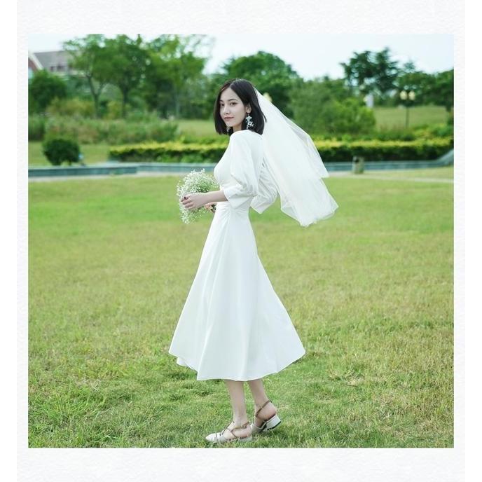 ウェディングドレス ミモレ丈 二次会 花嫁ドレス ワンピース 結婚式 ドレス パーティードレス 膝丈 ミモレ 袖あり おしゃれ シンプル 可愛い ナチュラル カジュ Wd0027 Marmelo Sunnyday 通販 Yahoo ショッピング