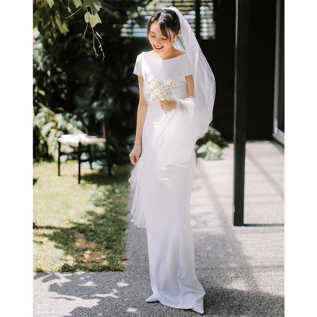 ウェディングドレス 二次会 花嫁ドレス 結婚式 ドレス パーティードレス ワンピース ストレート 大人 シンプル 無地 袖あり かっこいい きれいめ ナチュラル カ Wd0057 Marmelo Sunnyday 通販 Yahoo ショッピング