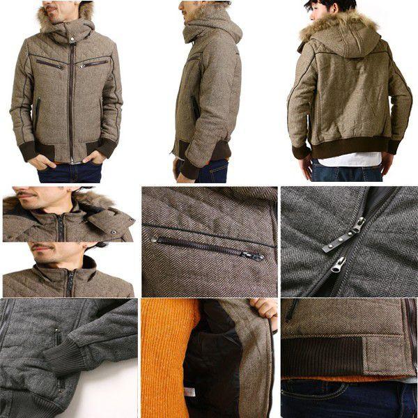 ダウンジャケット メンズ ジャケット 中綿 アウター リアルファーフード脱着 ツイード中綿ジャケット |  | 01