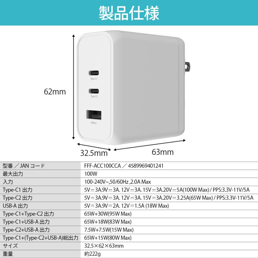 急速充電器  PD 100W Gan 窒化ガリウム iPhone15 アダプター 充電器 小型 3ポート スマートフォン ACアダプター USB-A USB-C 送料無料 FFF-ACC100CCA |  | 11