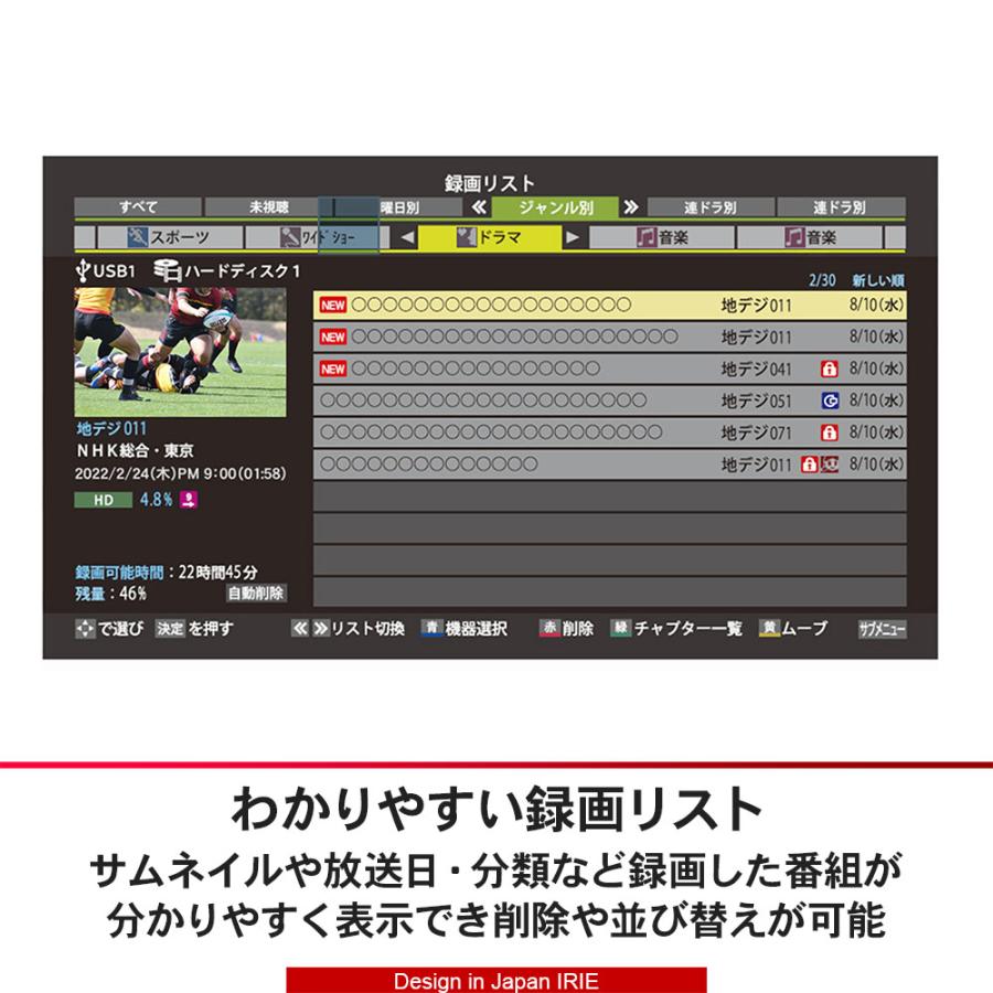 IRIE テレビ 43インチ 43型 中古 東芝ボード内蔵 録画 IPS 外付けhdd