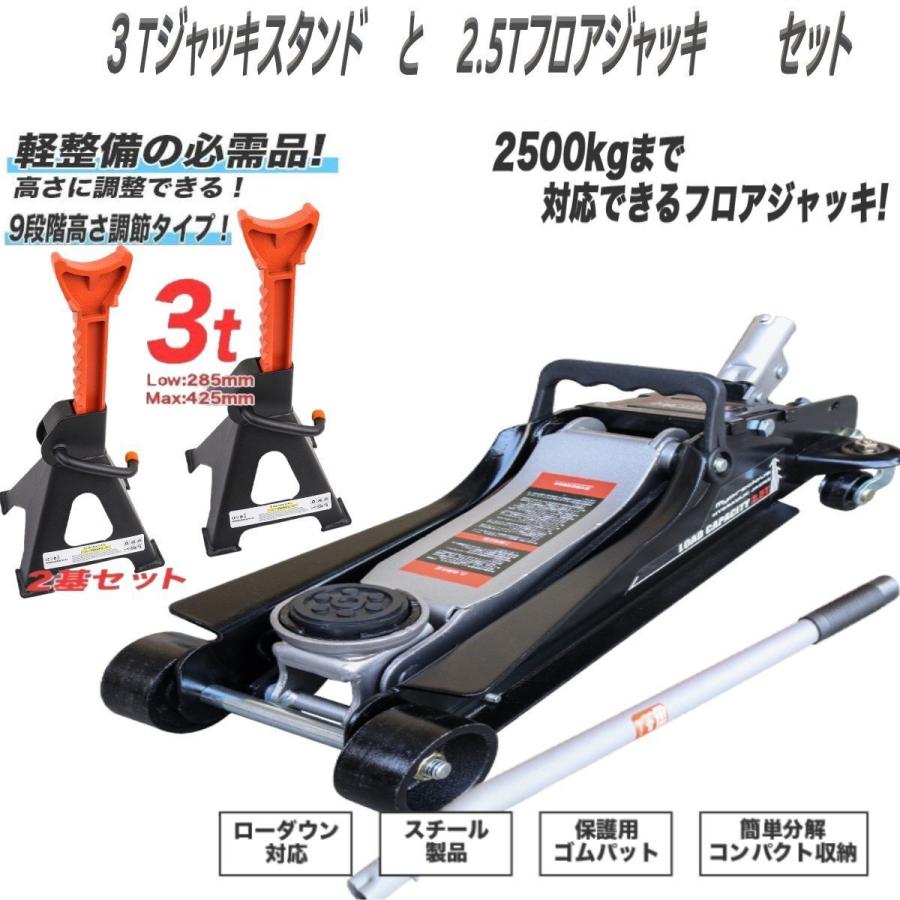 便利なセット品 2.5tフロアジャッキ+3tジャッキスタンド2基セット 