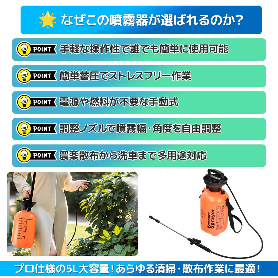 噴霧器5L 手動式 蓄圧式 スプレー 肩掛け 連続噴霧 散水機 除草剤 散布