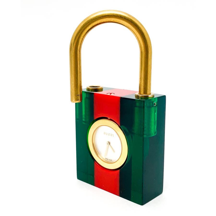 稼働✨ グッチ　G-メトロ　時計　ピンク シェル文字盤　スクエア　【新品電池】 GUCCI（グッチ） キーホルダー ウォッチ 南京錠モチーフ シェル盤 時計