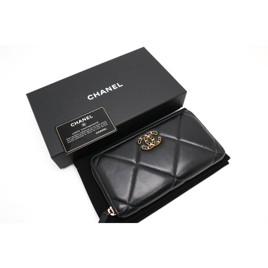 CHANEL シャネル 長財布 19 ナインティーン ラウンドファスナー ココマーク ココ チェーン AP1063 ラムスキン    ブラック 黒 ゴールド金具 レディース ギフト【中古品】 CHANEL（シャネル） 19 ナインティーン ラムスキン ブラック ゴールド