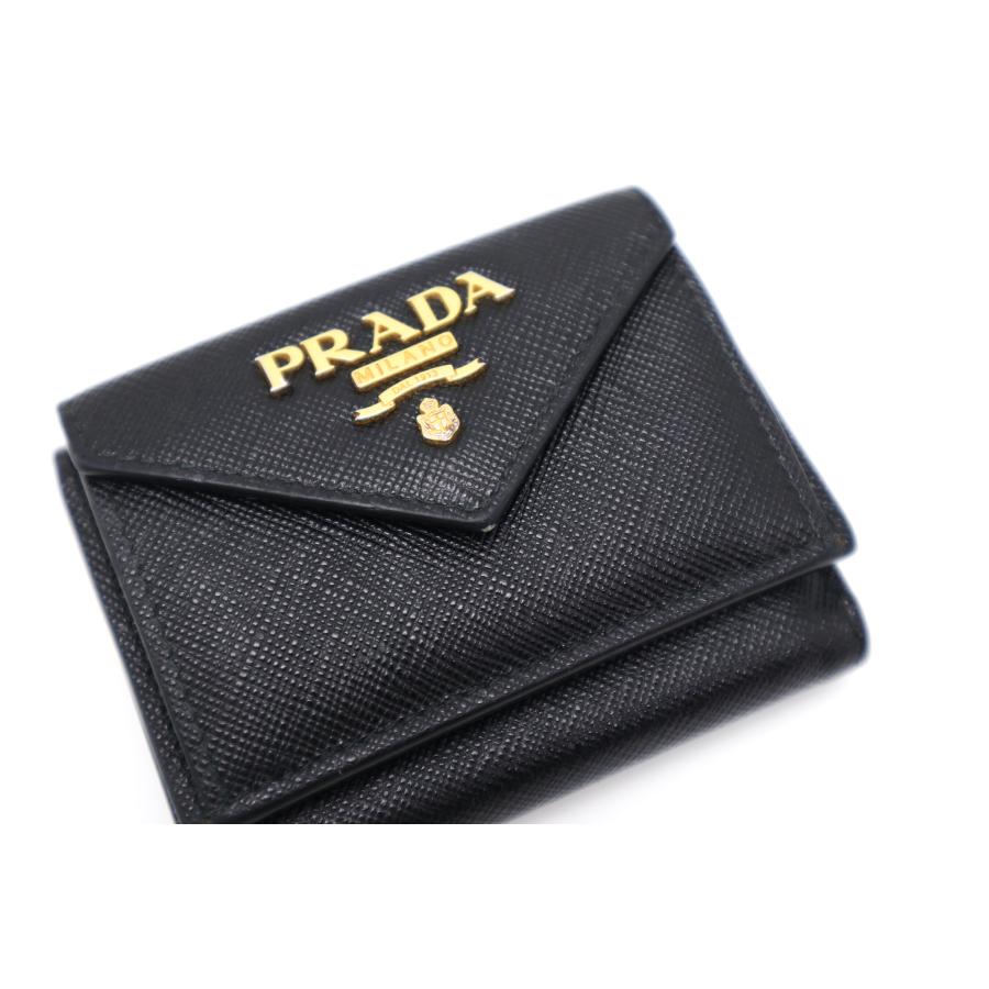 PRADA サフィアーノ ミニ 三つ折り財布 ブラック PRADA（プラダ） ブラック サフイアーノ ミニ 3つ折り財布 1MH021