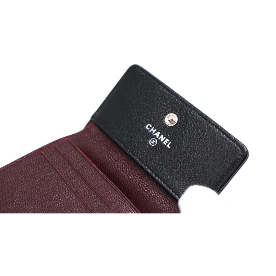 通常納期 CHANEL シャネル 黒 ブラック シルバー金具 Wホック 3つ折り財布 コンパクトサイフ