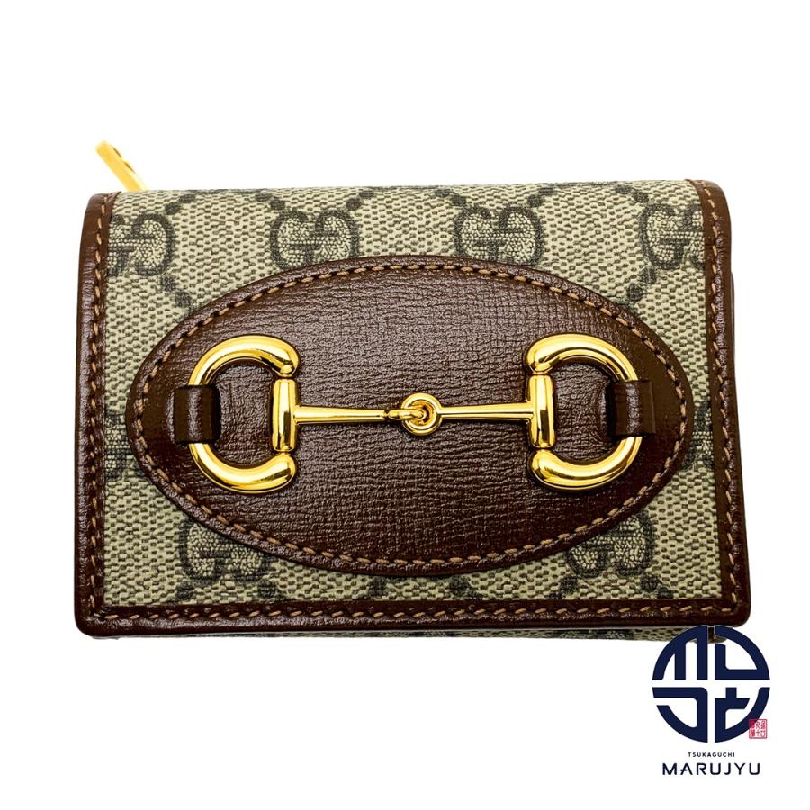 GUCCI グッチ ゴールド金具 ダークブラウン系 茶 GGスプリーム ホースビット 三つ折りウォレット 644462 コンパクトウォレット ミニサイフ 財布 ブランド GUCCI - GUCCI グッチ ゴールド金具 ダークブラウン系 茶 GGスプリーム